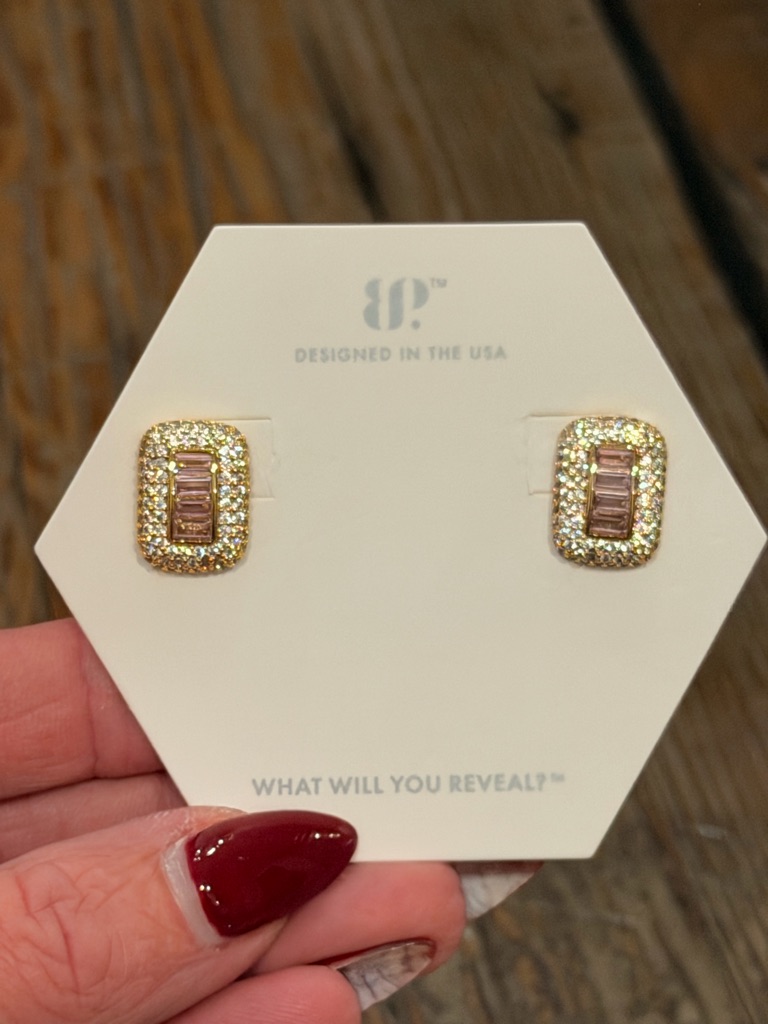 Bomb Party Nwot! Gold Plated Rectangle Stud Earrings With Pink Crystals